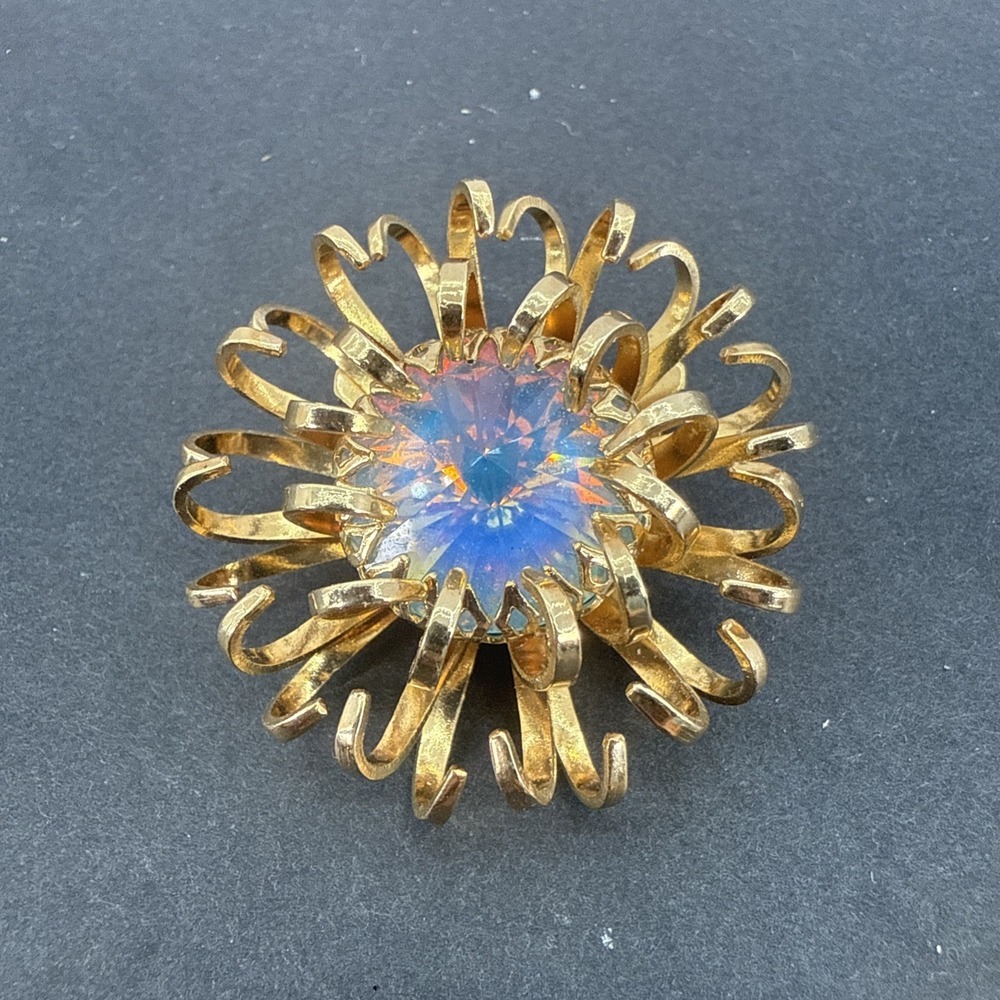 Sarah Coventry Mystic Blue Rivoli AB Faceted Crystal Goldtone Brooch Signed Vtg